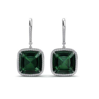 Front view of white gold drop earrings with a cushion-cut green gemstone and diamond halo