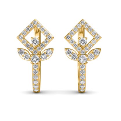 Front view of yellow gold stud earrings with a diamond square and leaf accents
