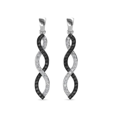 Front view of long white gold drop earrings with black and white diamonds in an infinity twist