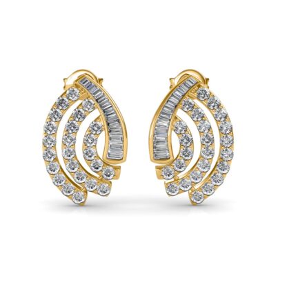 Front view of yellow gold spiral stud earrings with baguette and round diamonds