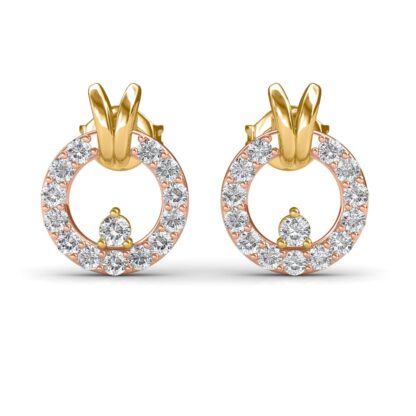 Front view of two-tone open circle stud earrings with a bow accent and floating diamond