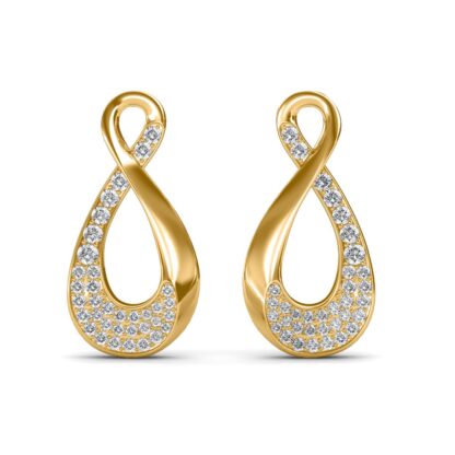 Front view of yellow gold infinity loop stud earrings with a pave diamond lower loop