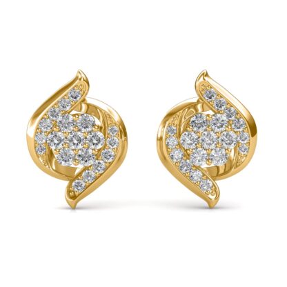 Front view of yellow gold stud earrings with a diamond cluster framed by a curling wave