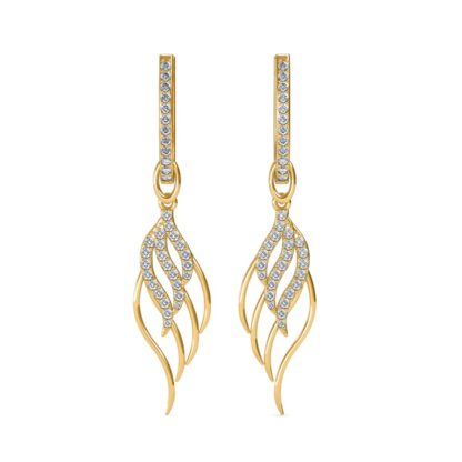 Front view of yellow gold drop earrings with a diamond bar and dangling feather charm
