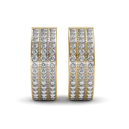 Front view of wide yellow gold hoop earrings with three parallel rows of diamonds