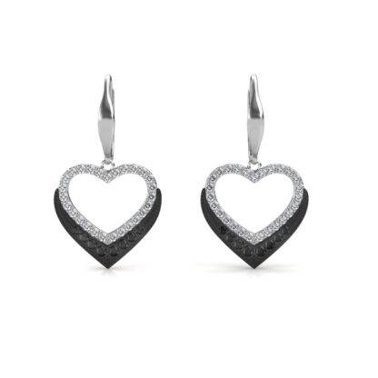 Front view of white gold open heart drop earrings in white and black diamonds