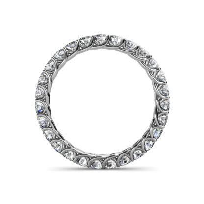 Through-finger view of white gold or platinum U-prong full eternity ring with twisted gallery showing the band profile