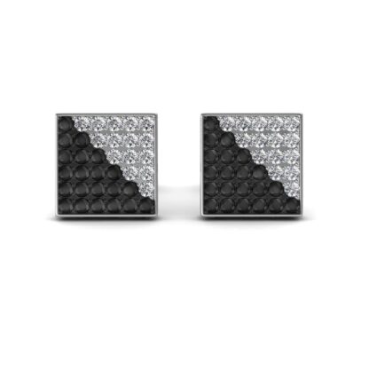 Front view of white gold square stud earrings split diagonally in black and white diamonds