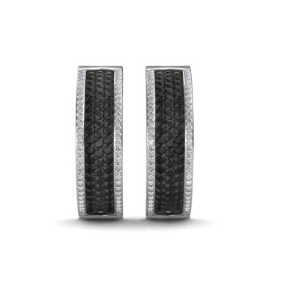 Front view of wide white gold hoop earrings with a black diamond centre band