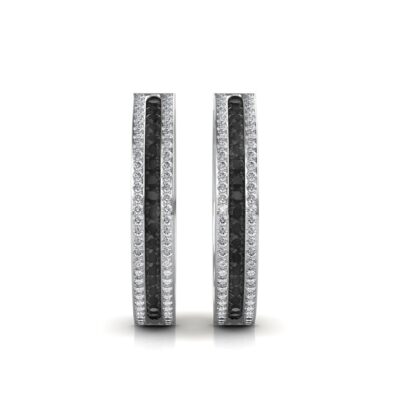 Front view of wide white gold hoop earrings channel-set in three rows of diamonds