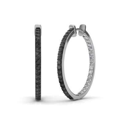 Angled view of black diamond hoop earrings showing the hinged closure