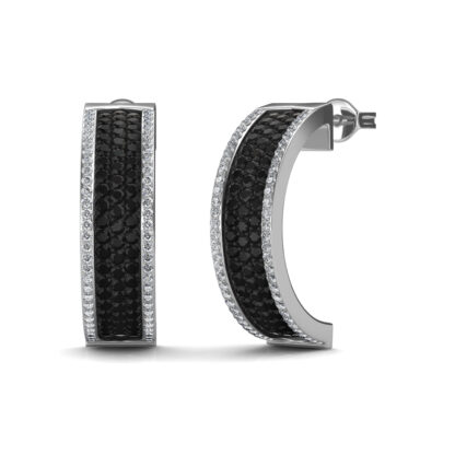Angled view of wide black diamond hoop earrings showing the hinged closure