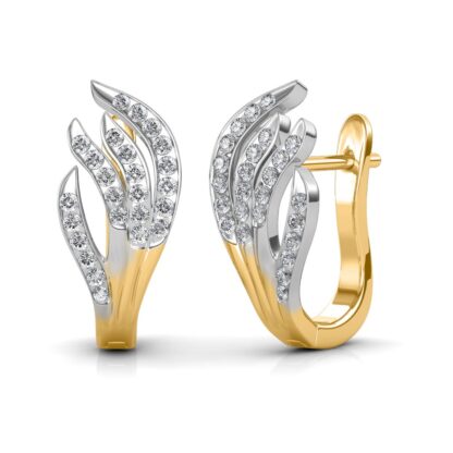 Angled view of two-tone diamond flame earrings showing the post and omega clip back