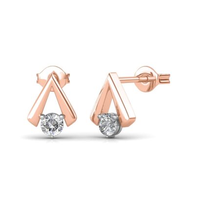 Angled view of rose gold chevron earrings showing the diamond setting and push-back post