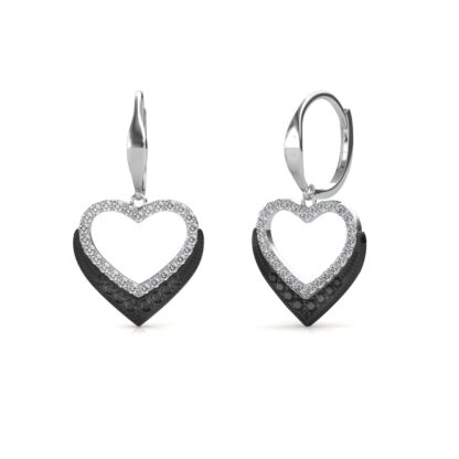 Angled view of black and white diamond heart earrings showing the lever back