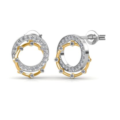 Angled view of two-tone circle diamond earrings showing the push-back post