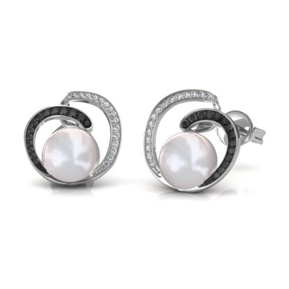 Angled view of black and white diamond pearl earrings showing the push-back post