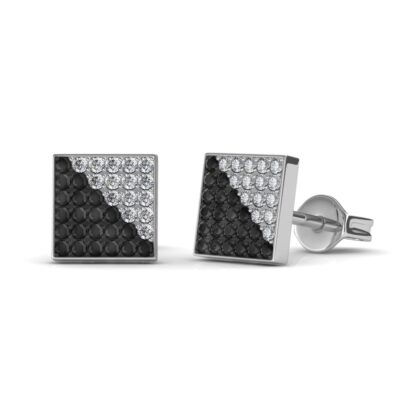 Angled view of black and white diamond stud earrings showing the push-back post