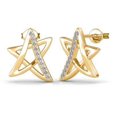 Angled view of yellow gold star diamond earrings showing the push-back post
