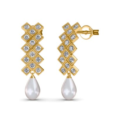 Angled view of yellow gold diamond tile earrings showing the pearl drop