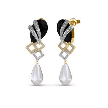 Angled view of black onyx diamond earrings showing the square link detail