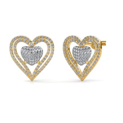 Angled view of yellow gold diamond heart earrings showing the push-back post