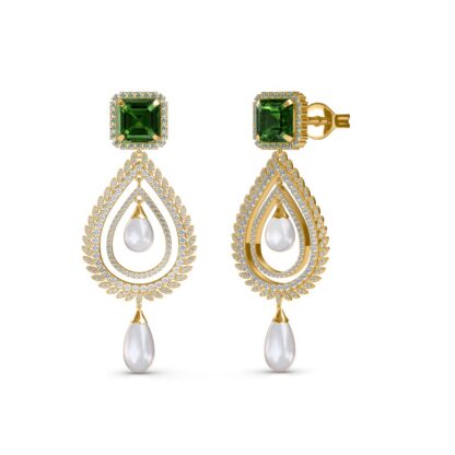 Angled view of emerald diamond chandelier earrings showing the pearl drops