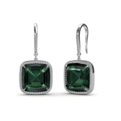 Angled view of green gemstone diamond earrings showing the lever back closure