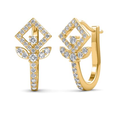 Angled view of yellow gold diamond square leaf earrings showing the hoop back