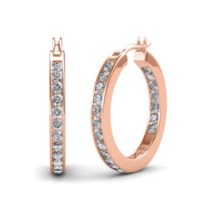 Angled view of rose gold diamond hoop earrings showing the hinged closure