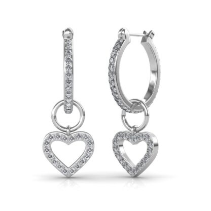 Angled view of diamond hoop earrings with heart charm showing the hinged hoop closure