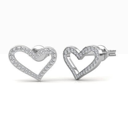 Angled view of open heart diamond stud earrings showing the push-back post