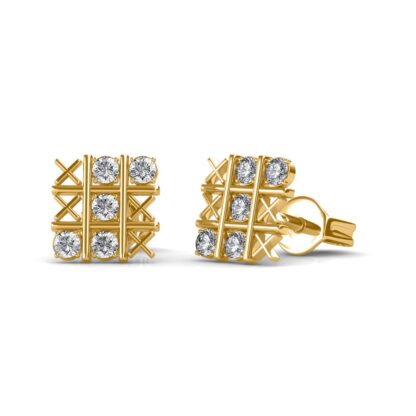 Angled view of yellow gold grid diamond earrings showing the push-back post