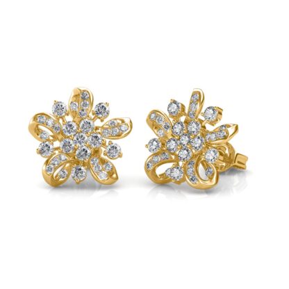 Angled view of yellow gold flower diamond earrings showing the push-back post