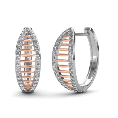 Angled view of two-tone oval hoop earrings showing the rose gold lattice bars
