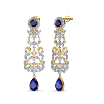 Angled view of two-tone sapphire diamond chandelier earrings showing the filigree depth