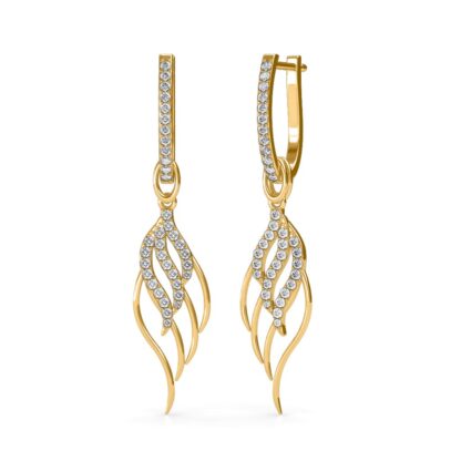 Angled view of yellow gold diamond bar earrings showing the feather charm drop
