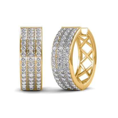 Angled view of yellow gold triple row diamond hoop earrings showing closure