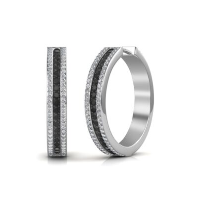 Angled view of black and white diamond hoop earrings showing the hinged closure