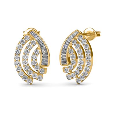 Angled view of yellow gold diamond swirl earrings showing the push-back post