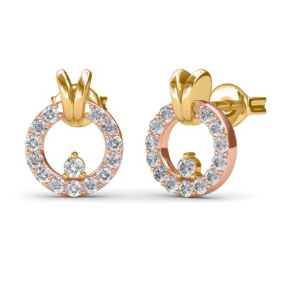 Angled view of two-tone diamond circle earrings showing the bow detail