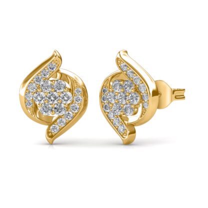 Angled view of yellow gold diamond cluster earrings showing the push-back post