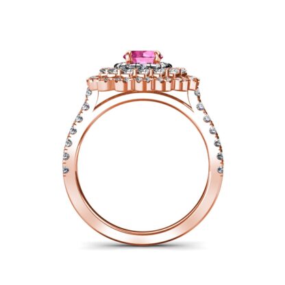 Through-finger view of rose gold pink sapphire diamond triple halo ring showing the band profile