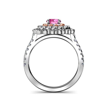 Through-finger view of white gold with a rose gold inner halo pink sapphire diamond triple halo ring showing the band profile