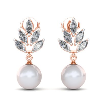 Front view of rose gold marquise diamond leaf pearl drop earrings