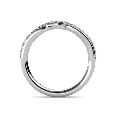 Through-finger view of white gold or platinum twisted V pave diamond stacking band showing the band profile