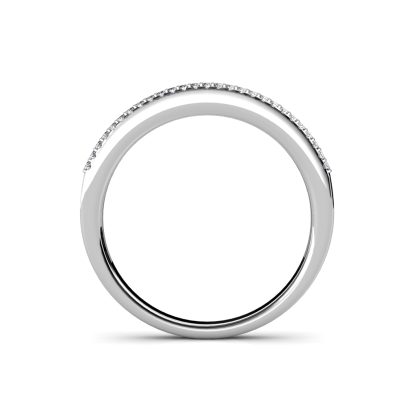 Through-finger view of white gold or platinum baguette diamond half eternity band showing the band profile