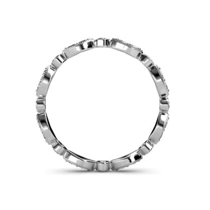 Through-finger view of white gold or platinum milgrain marquise station diamond eternity band showing the band profile