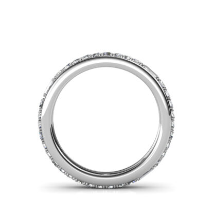 Through-finger view of white gold or platinum baguette and round diamond eternity ring showing the band profile
