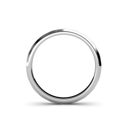 Through-finger view of white gold or platinum beveled edge flush-set diamond band showing the band profile